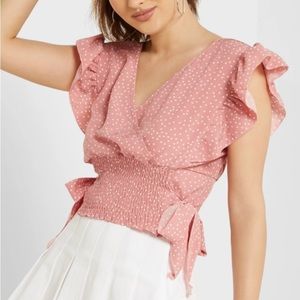 Shein Pink Crop Top -Ruffled Polka Dot Crop Top M